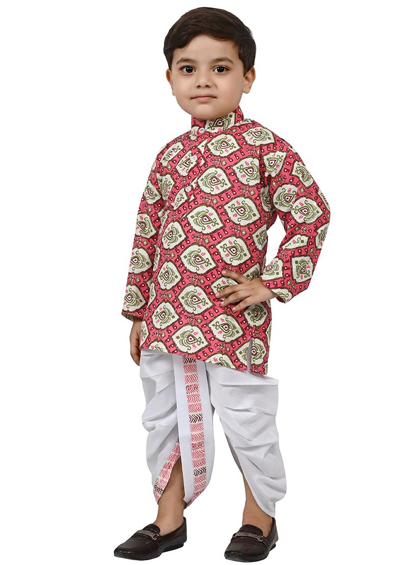 Pink Printed Cotton Blend Kurta Set For Boys - Indya
