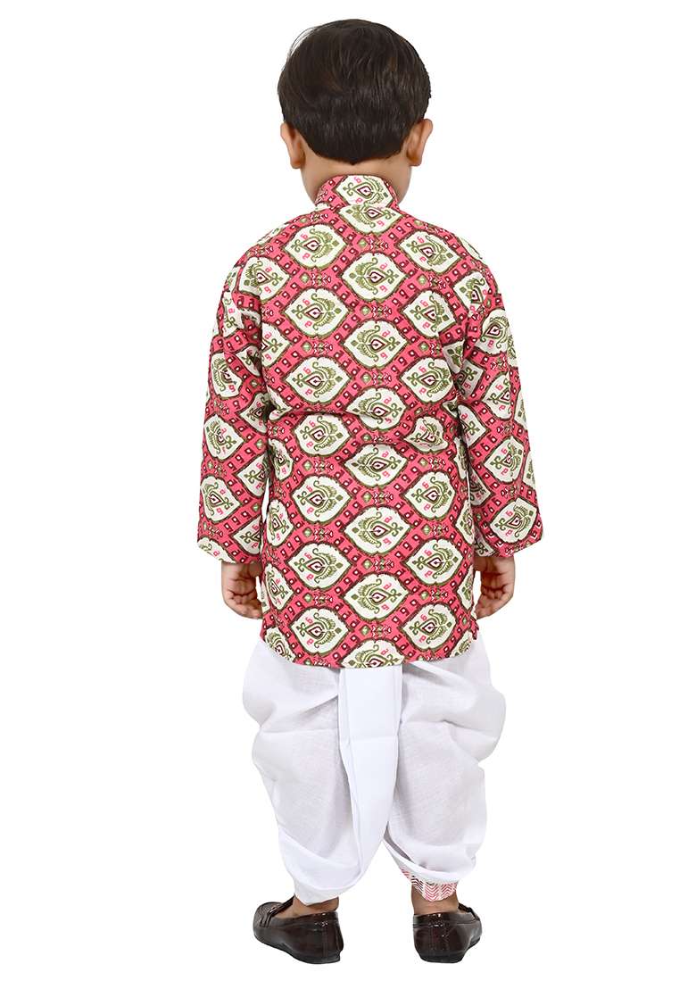 Pink Printed Cotton Blend Kurta Set For Boys - Indya