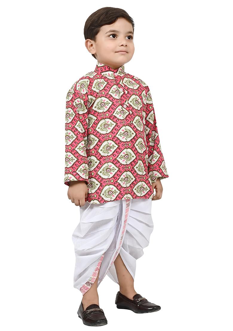 Pink Printed Cotton Blend Kurta Set For Boys - Indya