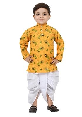 Yellow Printed Cotton Blend Kurta Set For Boys