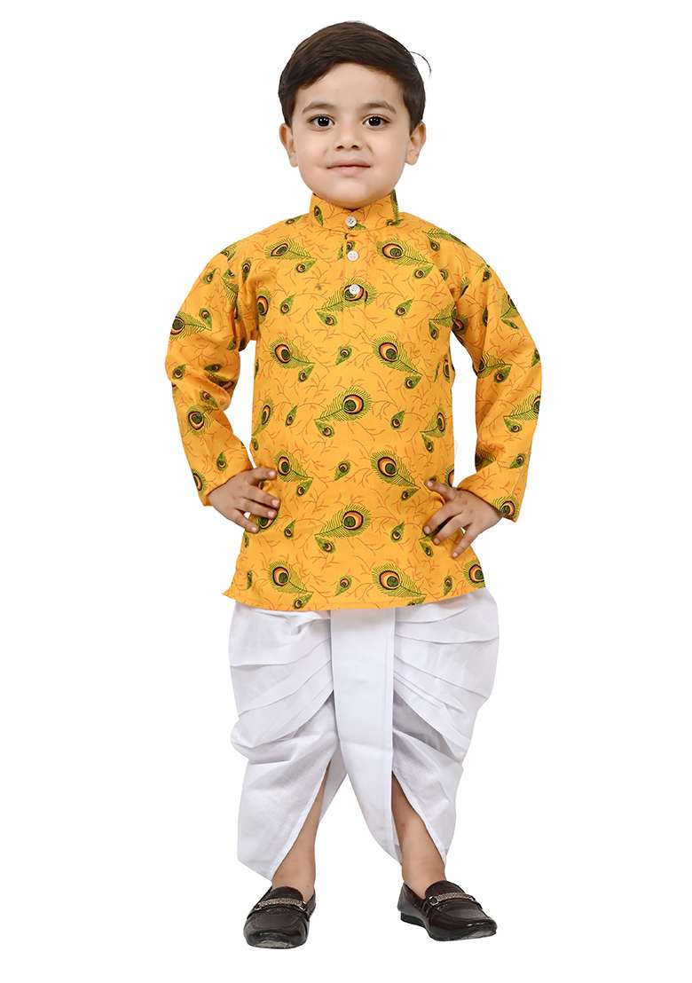 Yellow Printed Cotton Blend Kurta Set For Boys - Indya