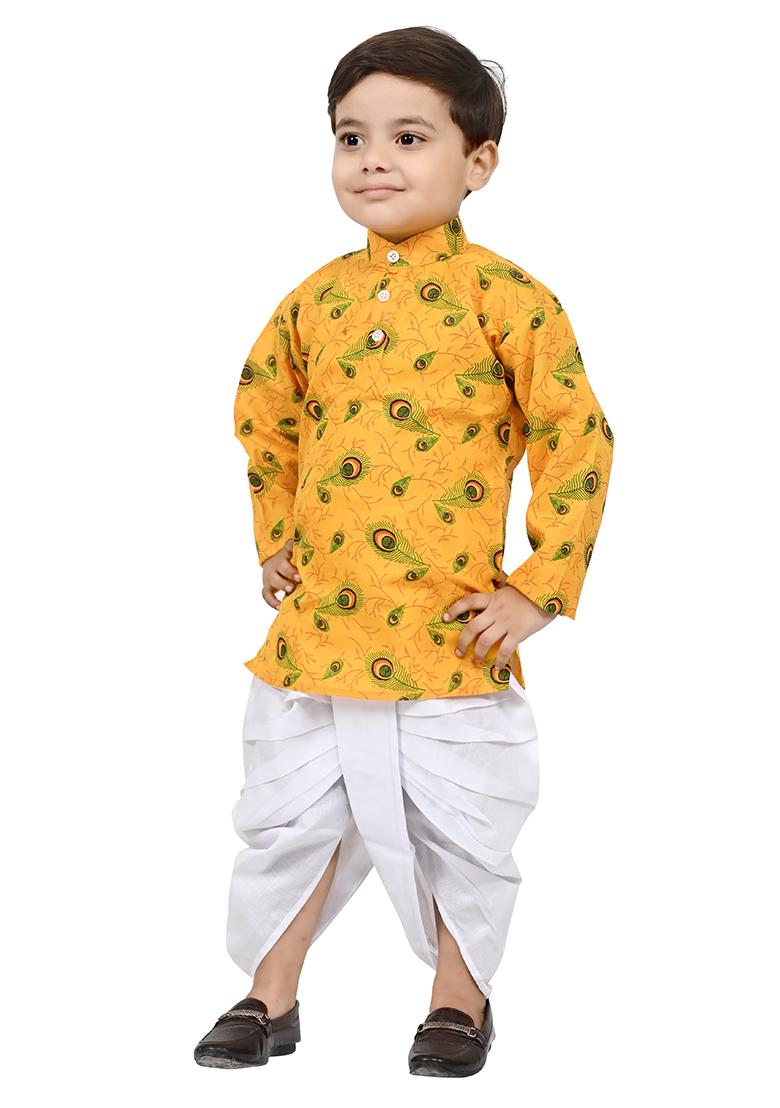 Yellow Printed Cotton Blend Kurta Set For Boys - Indya