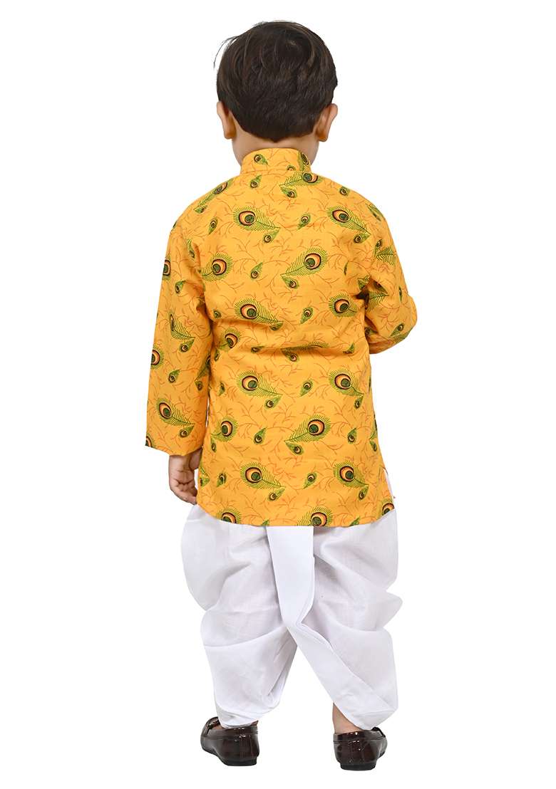 Yellow Printed Cotton Blend Kurta Set For Boys - Indya