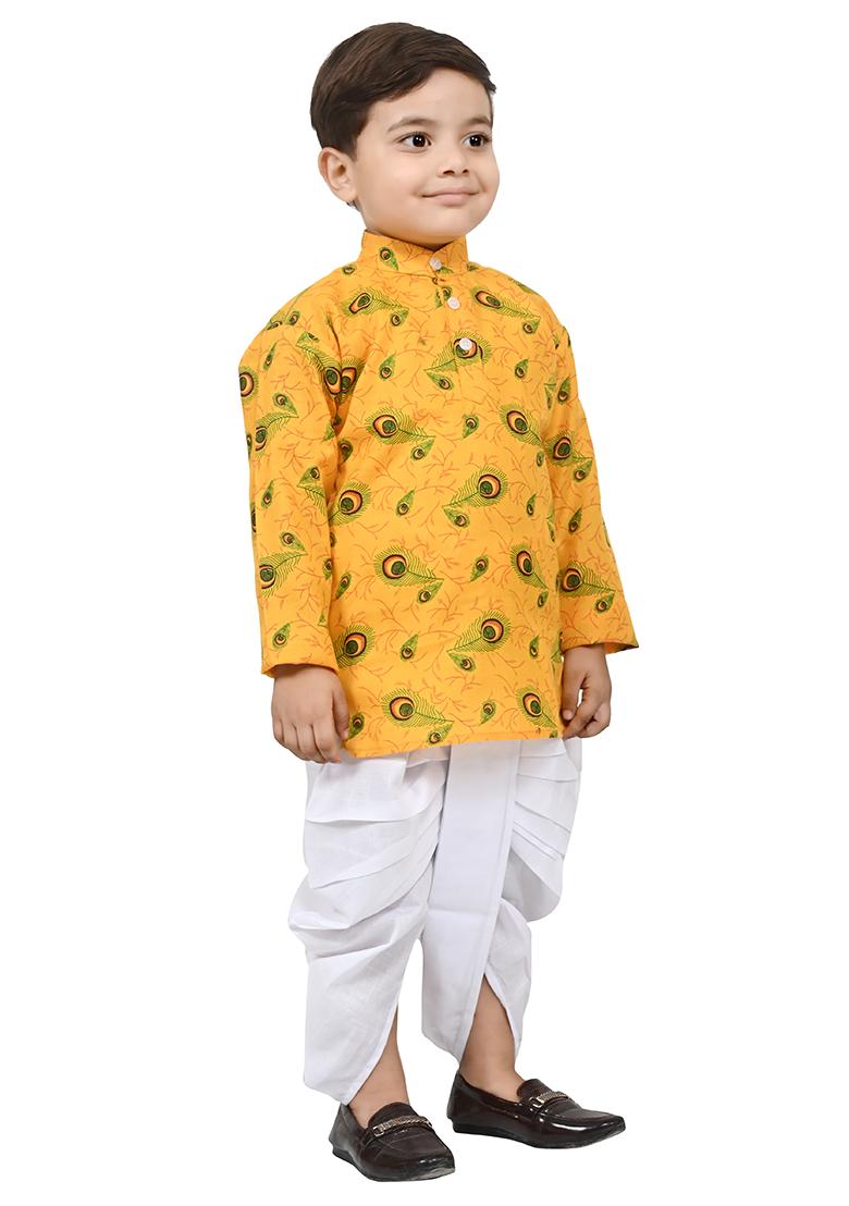 Yellow Printed Cotton Blend Kurta Set For Boys - Indya