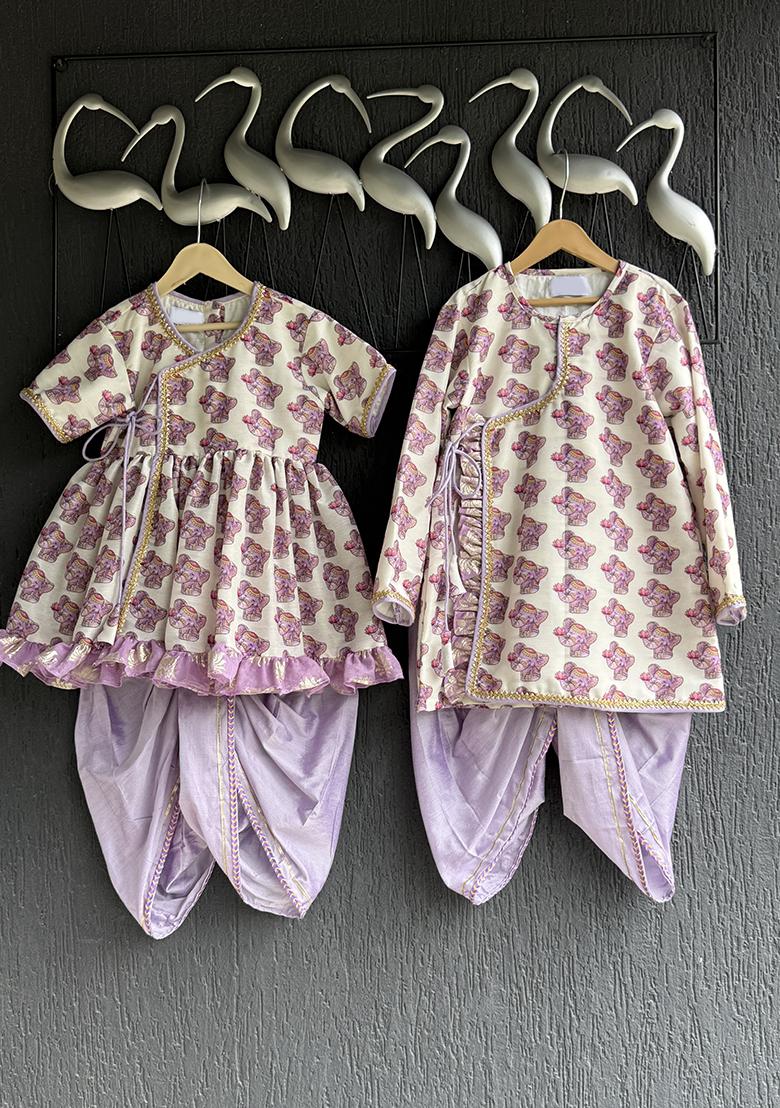 Purple Printed Cotton Kurta Dhoti Set Boys - Indya