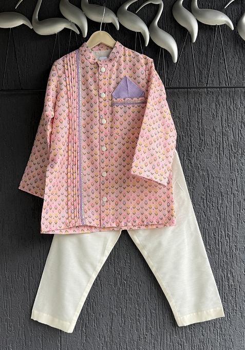 Pink Printed Cotton Kurta For Boys