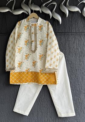 Beige Printed Cotton Kurta Set For Boys