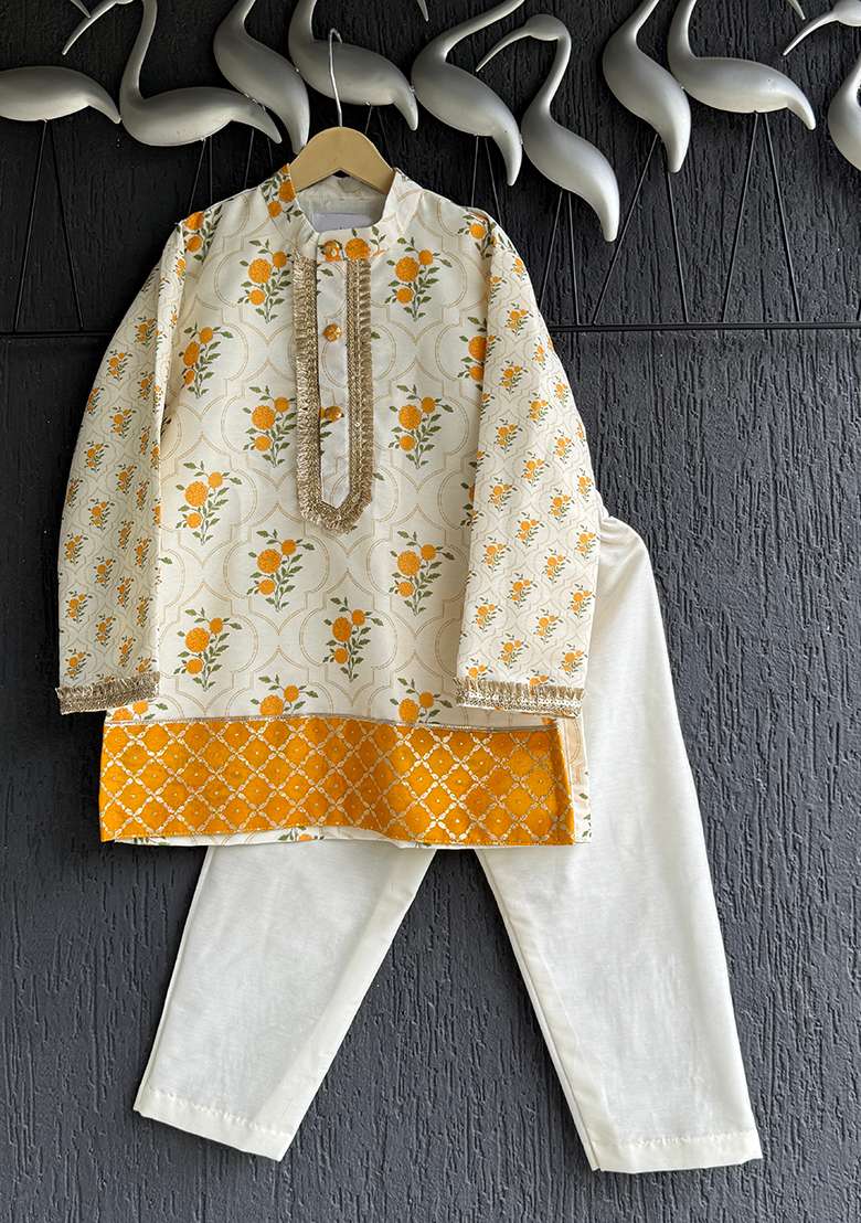 Beige Printed Cotton Kurta Set For Boys - Indya
