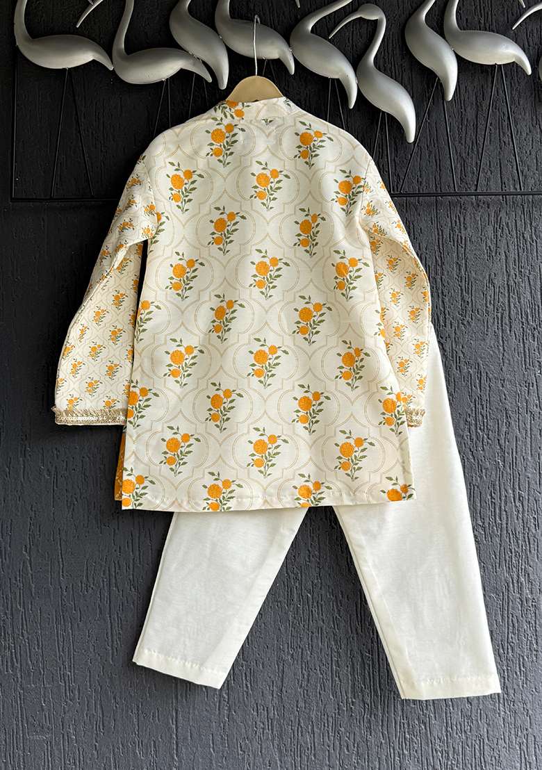 Beige Printed Cotton Kurta Set For Boys - Indya