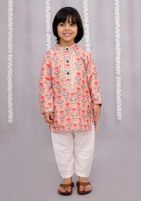 Rose Printed Cotton Kurta Set For Boys