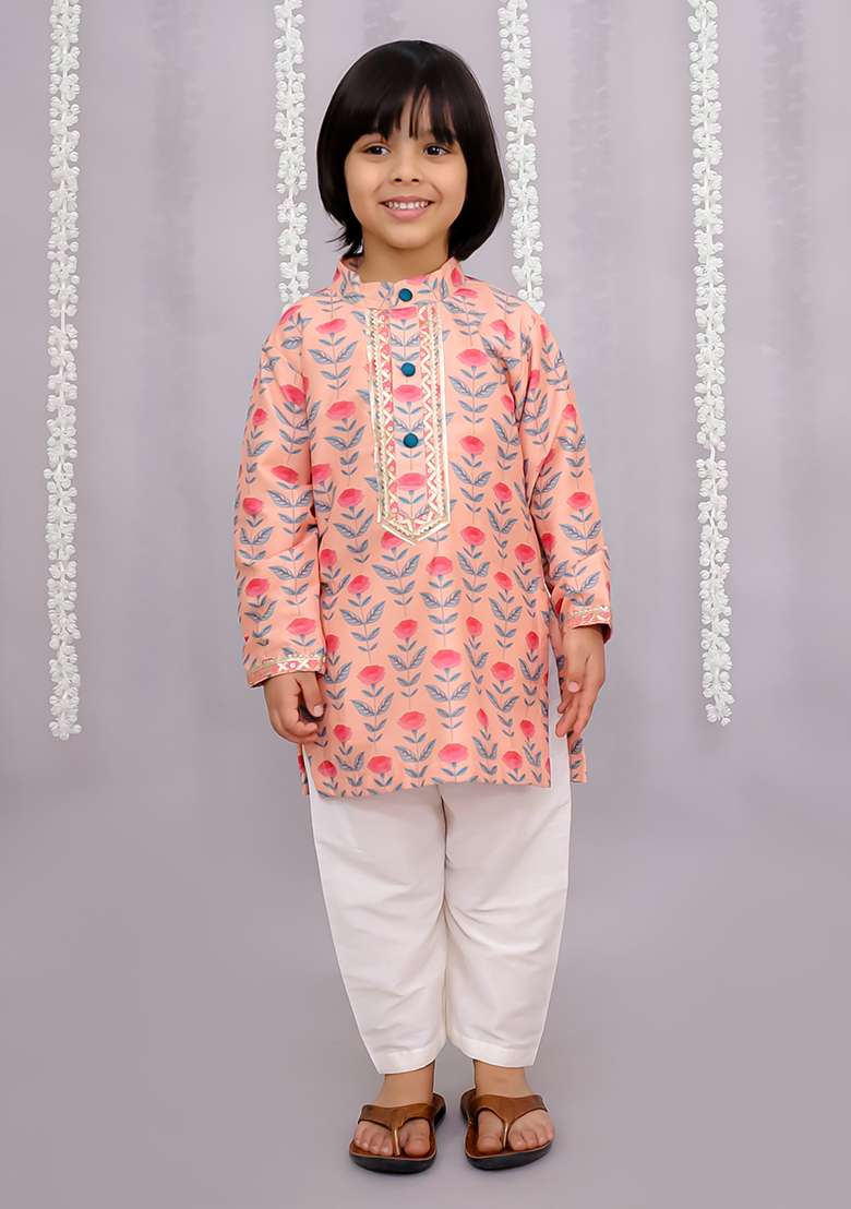 Rose Printed Cotton Kurta Set For Boys - Indya