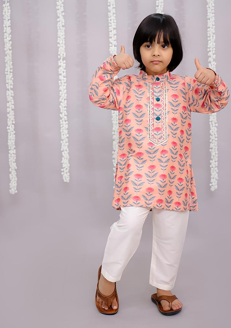 Rose Printed Cotton Kurta Set For Boys - Indya