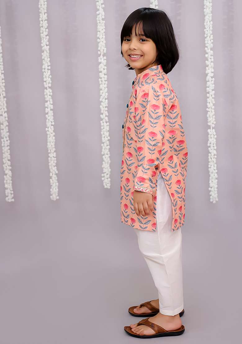 Rose Printed Cotton Kurta Set For Boys - Indya