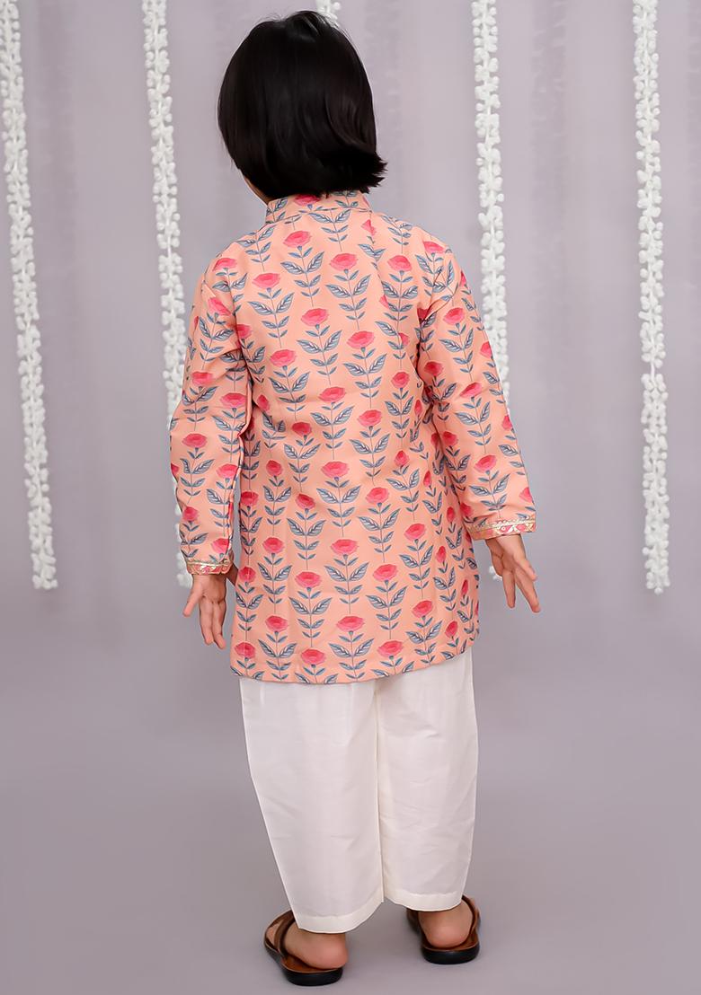 Rose Printed Cotton Kurta Set For Boys - Indya