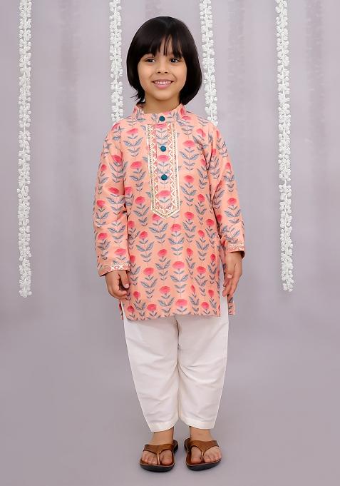 Rose Printed Cotton Kurta Set For Boys