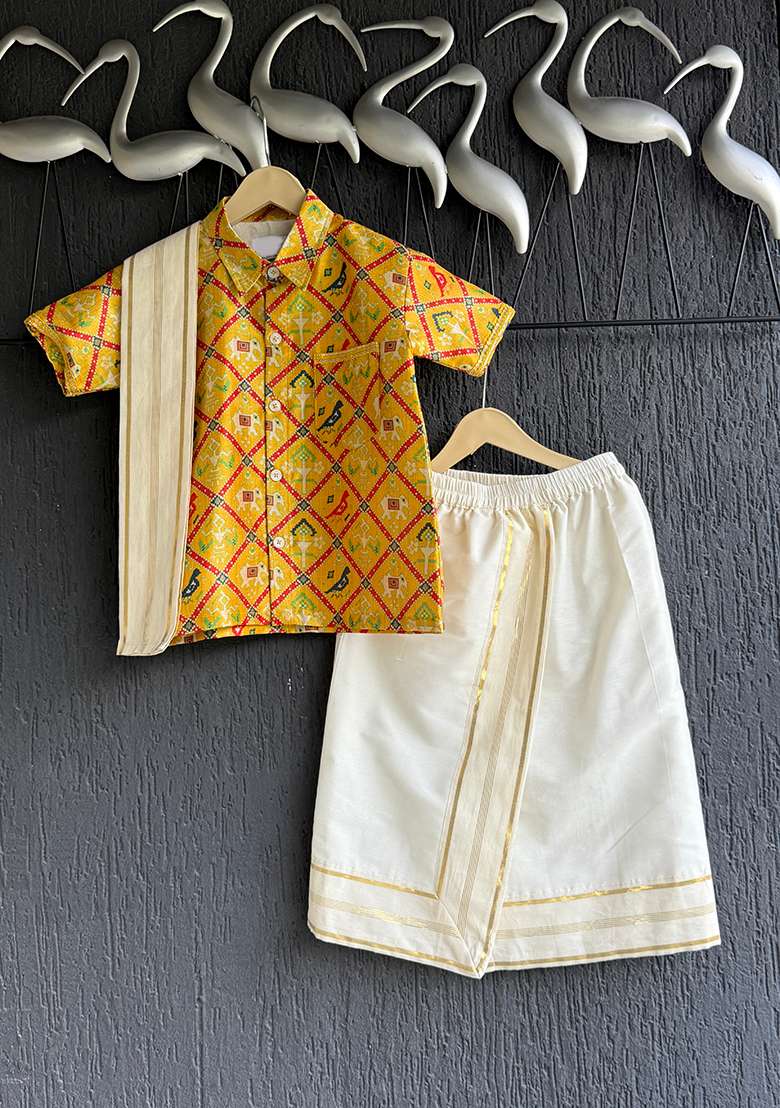 Yellow Printed Cotton Lungi Set For Boys - Indya