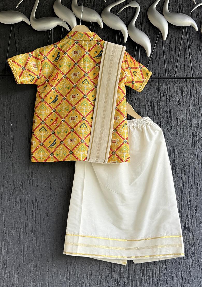 Yellow Printed Cotton Lungi Set For Boys - Indya