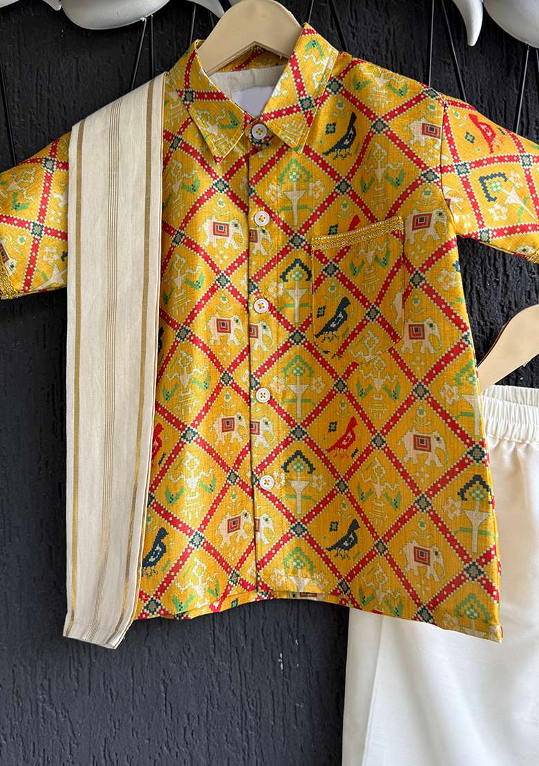 Yellow Printed Cotton Lungi Set For Boys - Indya