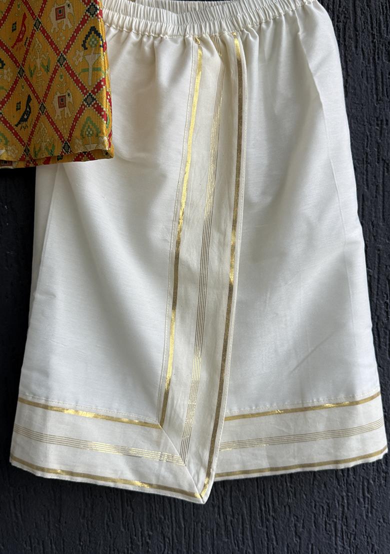 Yellow Printed Cotton Lungi Set For Boys - Indya