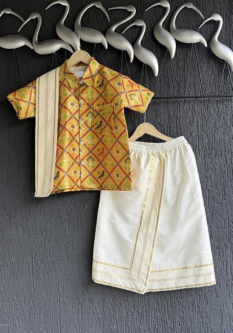 Yellow Printed Cotton Lungi Set For Boys