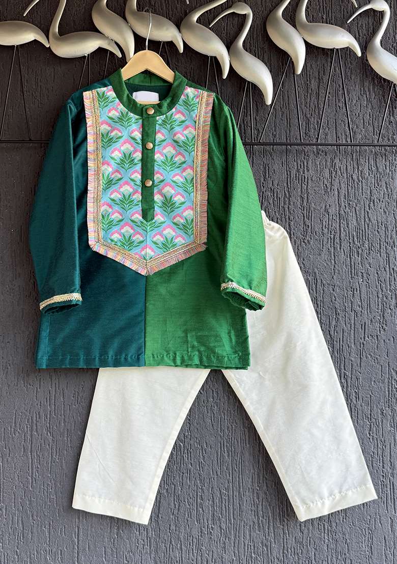Mint Printed Cotton Kurta Set For Boys - Indya
