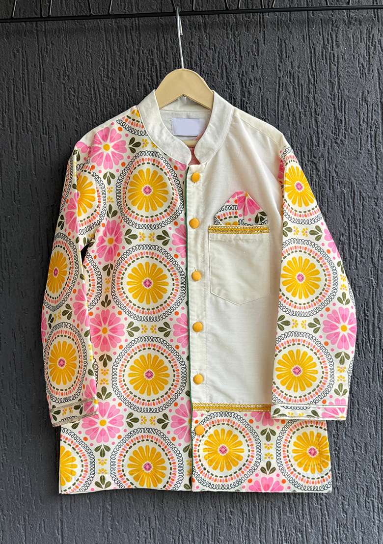 Sunflower Printed Cotton Kurta Set For Boys - Indya