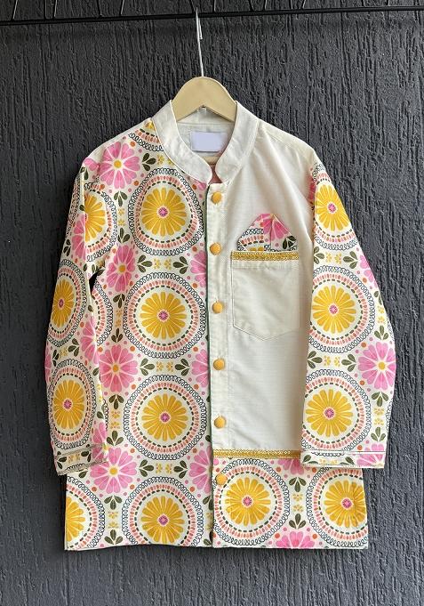 Sunflower Printed Cotton Kurta Set For Boys