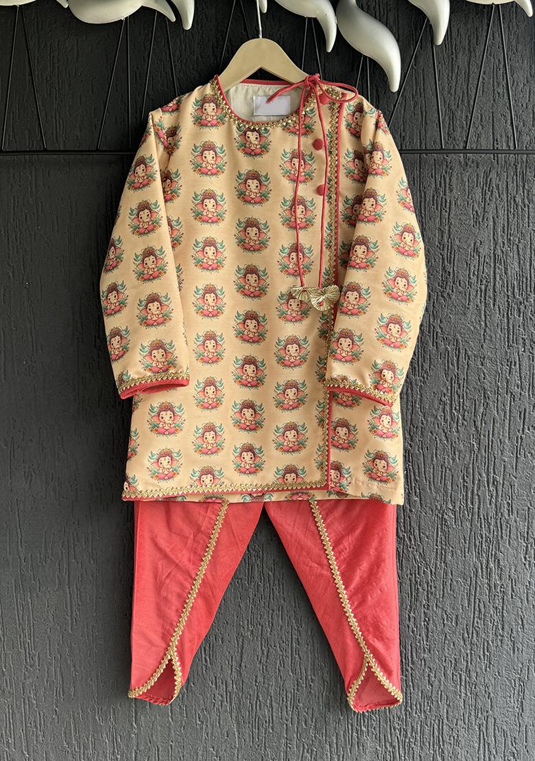 Golden Printed Cotton Kurta Set For Boys - Indya
