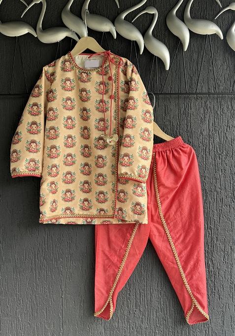 Golden Printed Cotton Kurta Set For Boys