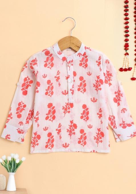 Peach Printed Cotton Kurta For Boys