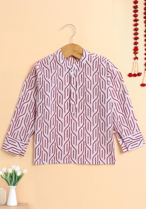 Wine Printed Cotton Kurta For Boys
