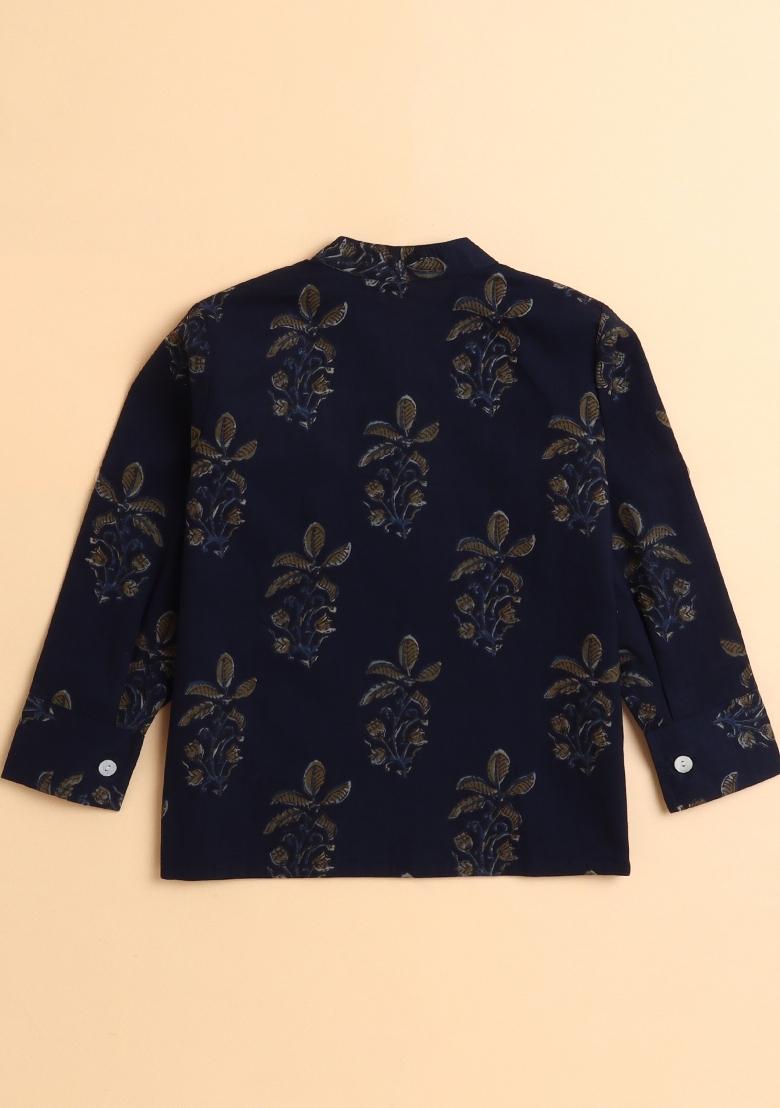 Navy Blue Printed Cotton Kurta For Boys - Indya
