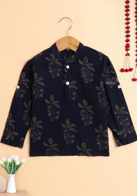 Navy Blue Printed Cotton Kurta For Boys