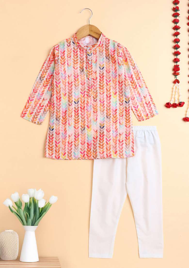 Peach Printed Cotton Kurta Set For Boys - Indya