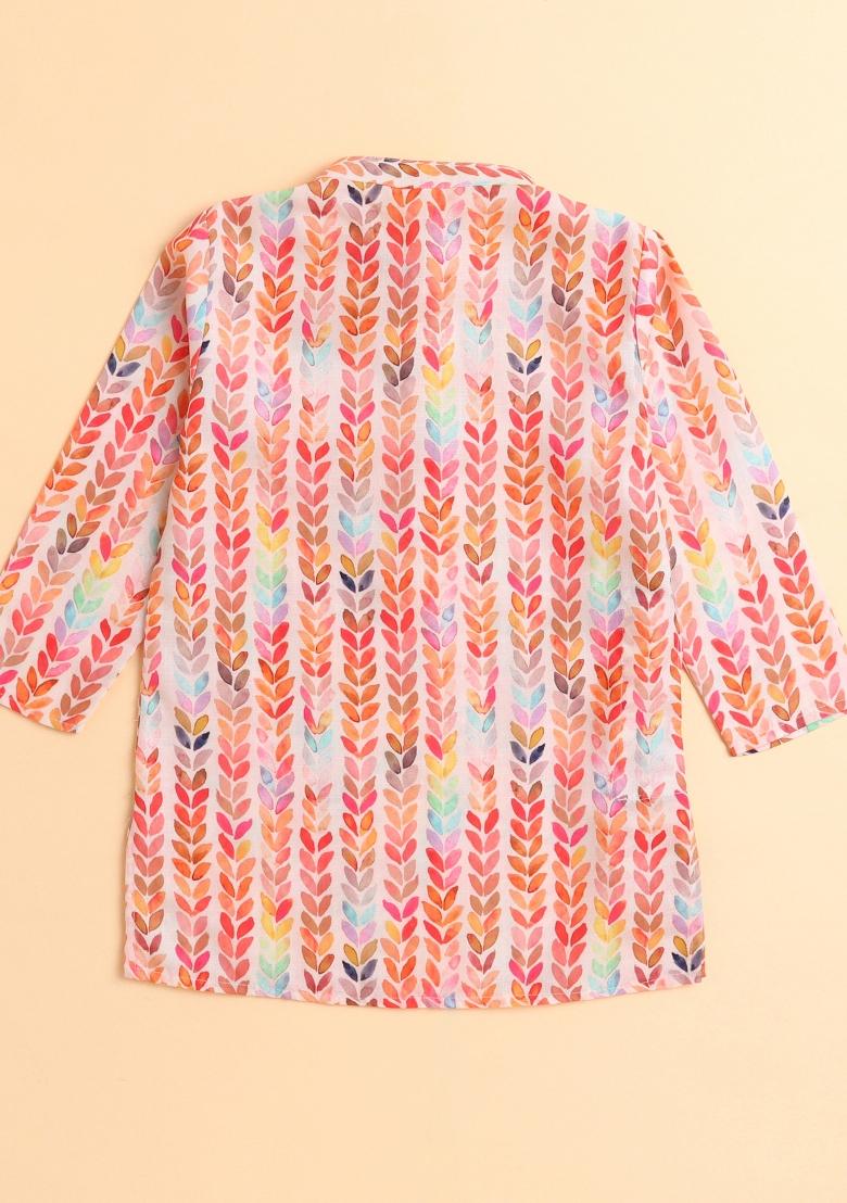 Peach Printed Cotton Kurta Set For Boys - Indya