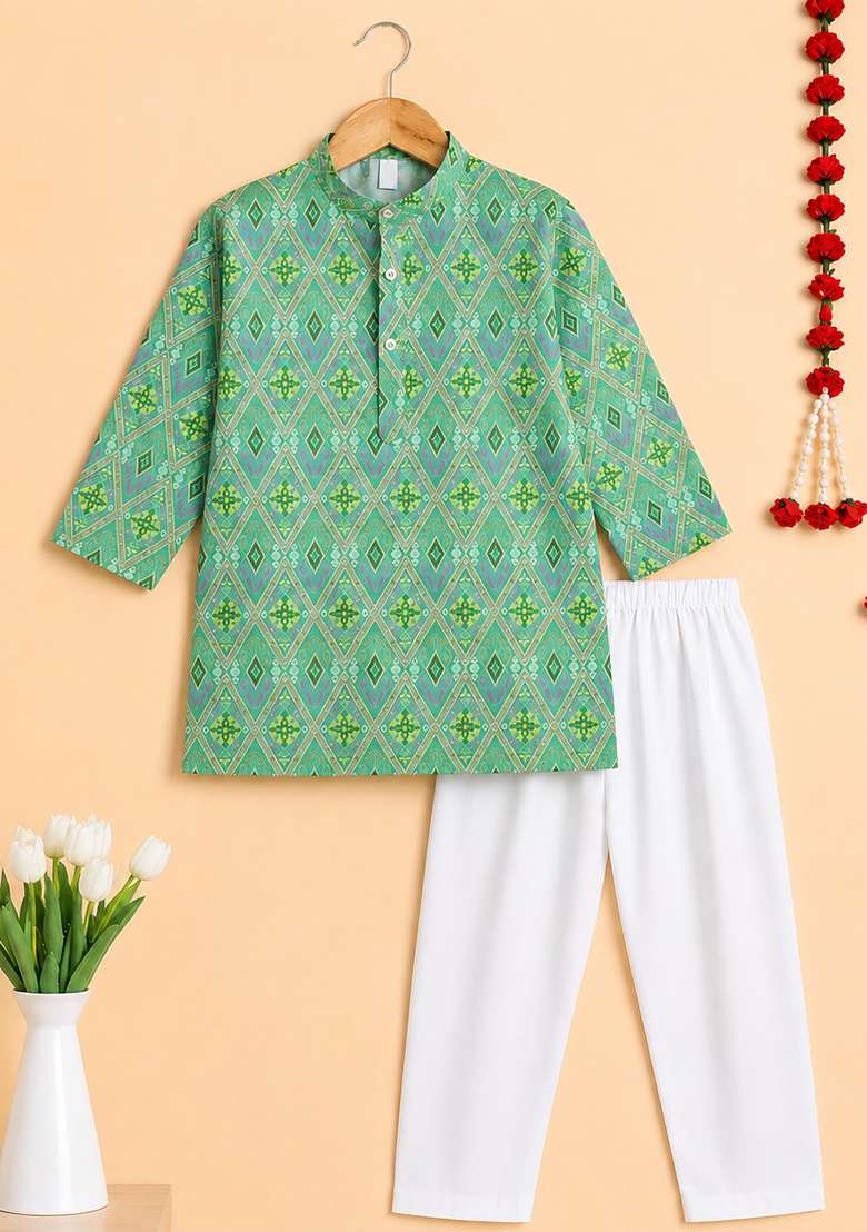Green Printed Cotton Kurta Set For Boys - Indya