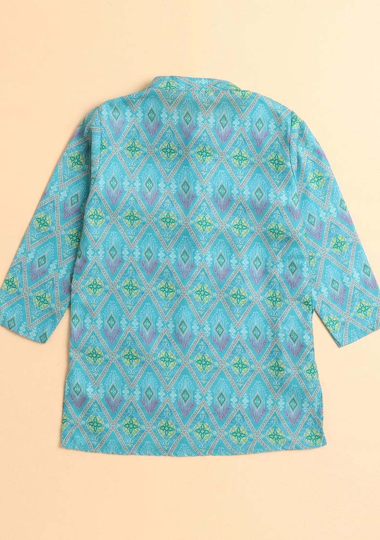 Green Printed Cotton Kurta Set For Boys - Indya