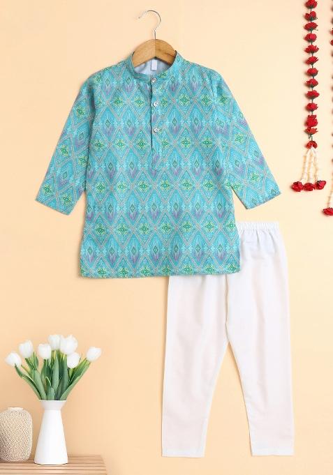 Green Printed Cotton Kurta Set For Boys
