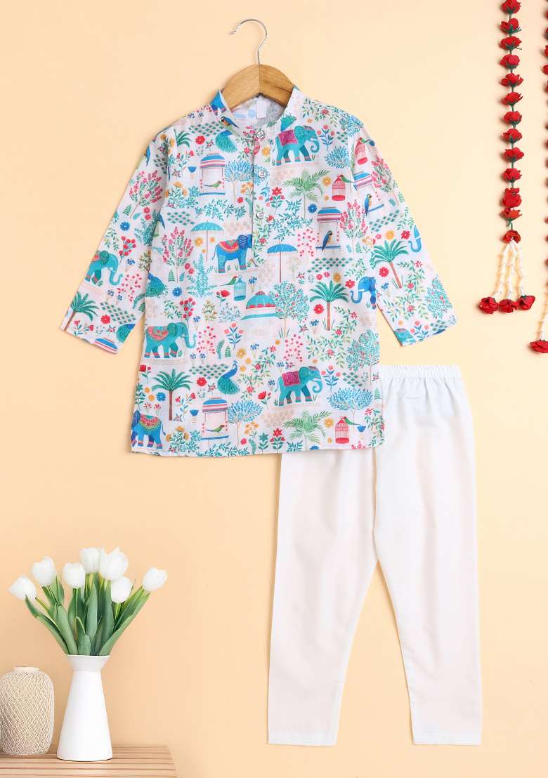 Multicolor Printed Cotton Kurta Set For Boys - Indya