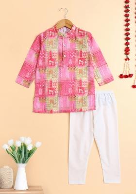 Pink Printed Cotton Kurta Set For Boys