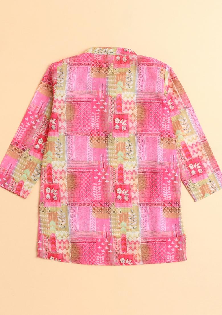 Pink Printed Cotton Kurta Set For Boys - Indya