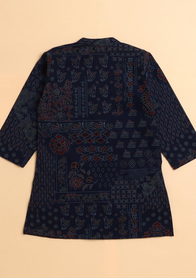 Navy Blue Floral Cotton Kurta Set With Jacket For Boys - Indya