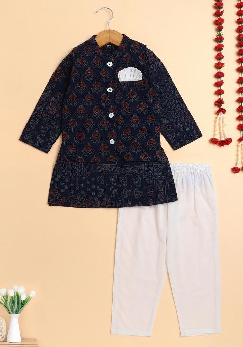 Navy Blue Floral Cotton Kurta Set With Jacket For Boys