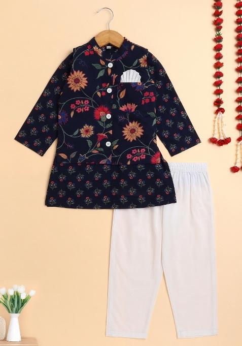 Navy Blue Floral Cotton Kurta Set With Jacket For Boys