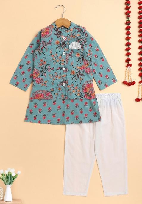 Sea Green Floral Cotton Kurta Set With Jacket For Boys