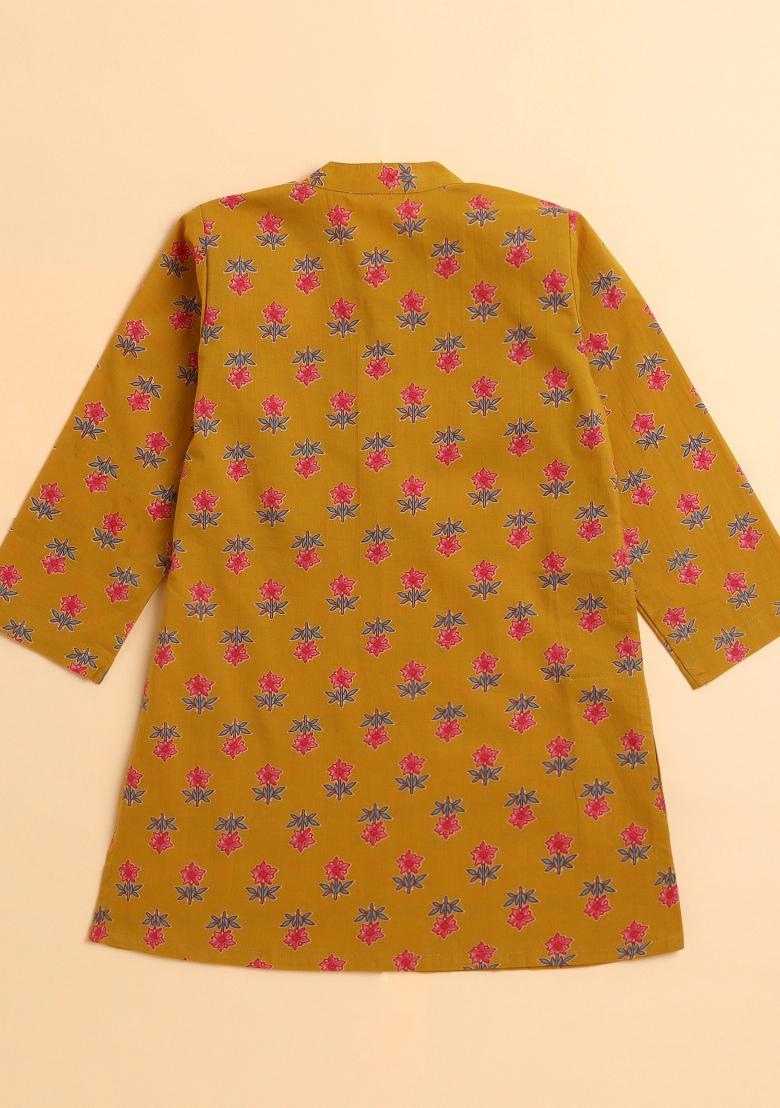 Mustard Floral Cotton Kurta Set With Jacket For Boys - Indya