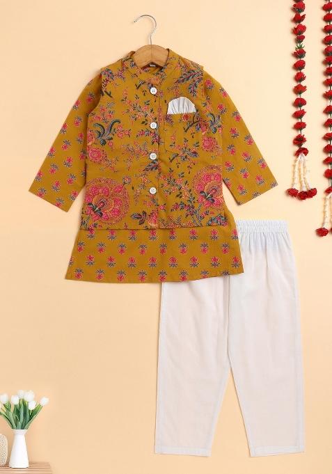 Mustard Floral Cotton Kurta Set With Jacket For Boys