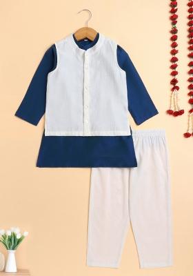 Navy Blue Printed Cotton Kurta Set With Jacket For Boys