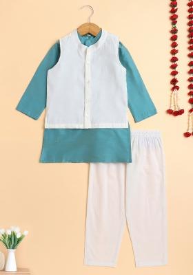 Aqua Blue Printed Cotton Kurta Set With Jacket For Boys