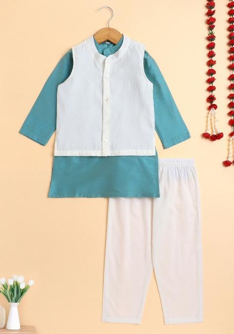 Aqua Blue Printed Cotton Kurta Set With Jacket For Boys